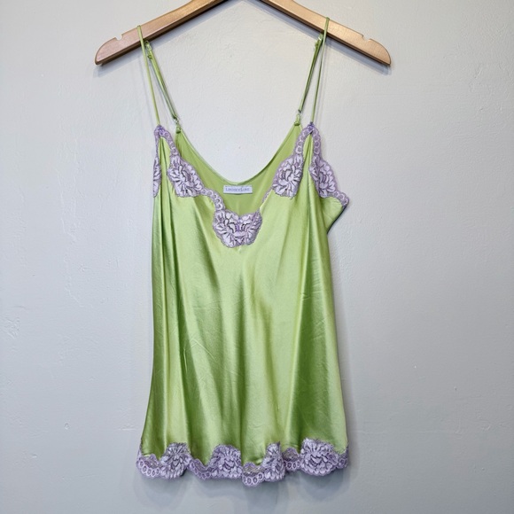 Lindsey Luxe Y2K Elegant Satin Green Lilac Lace Chemise Cami Tank Top Camisole - Picture 3 of 15